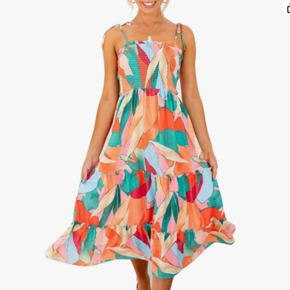 Shein Floral Boho Summer Flowy Midi Dress Elastic Shirred Bust Tie